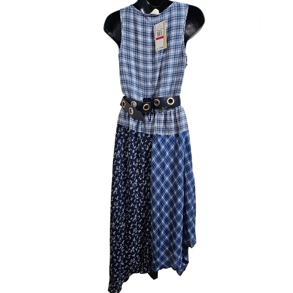 NEW Michael Kors Mixed Plaid Georgette Dress Belt Handkerchief Semi Sheer XS - Picture 3 of 12